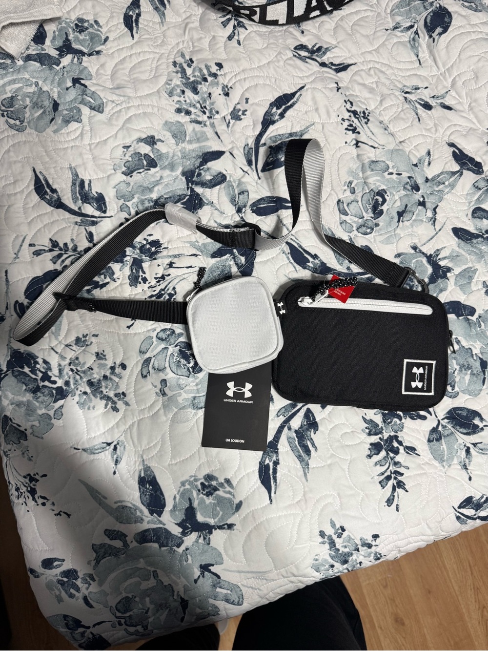 Under Armour Black and White Belt Bag with Small Gray Pouch